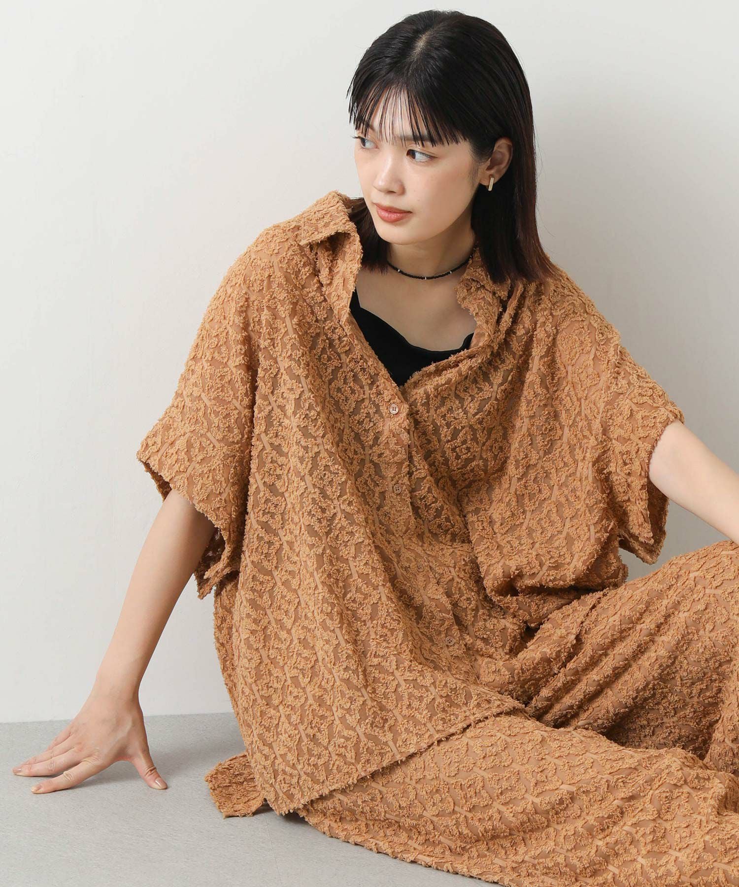 seventen カットジャガードスリーブニット半袖　ブラック　M 40％off】クロシェショートスリーブニット(ブラック) - seventen