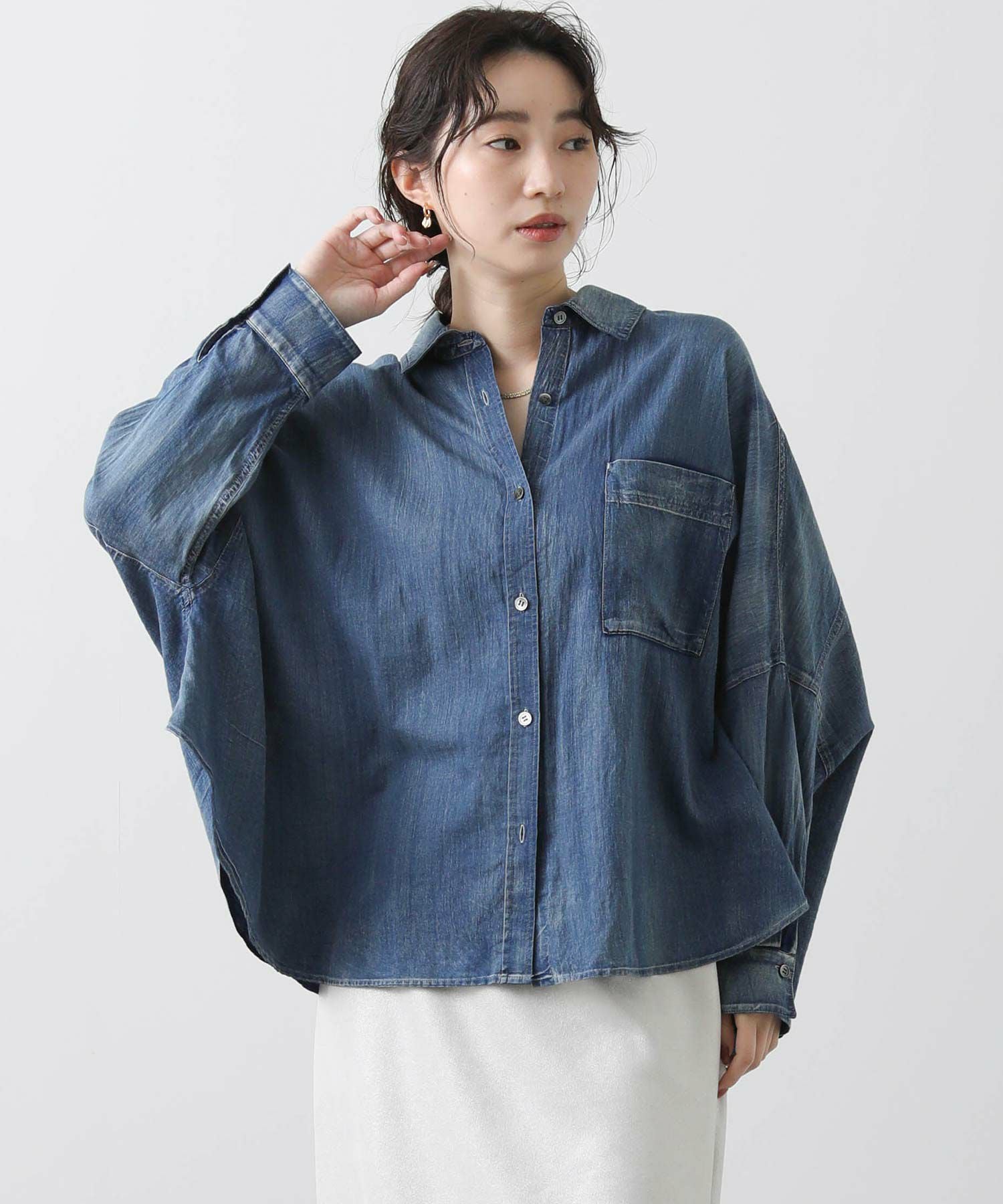美品⭐︎SINME デニムタートルシャツ LIMITED] BROAD/TENCEL DENIM SKIPPER SHIRT