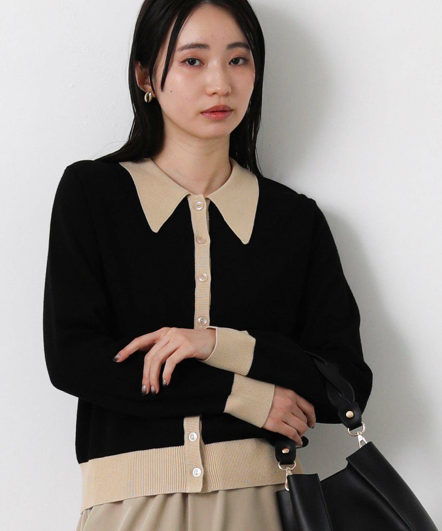 Gready Brilliant バイカラーポロ衿カーディガン ブラック×ベージュ