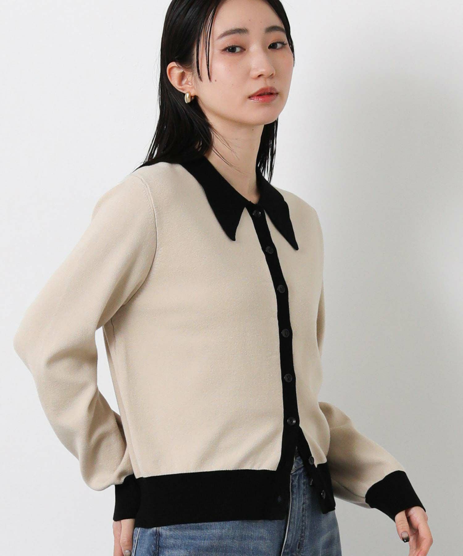 美品/マルティニーク　バイカラーカーディガン　パール釦　羽織り　アイボリー Gready Brilliant【2026年5月再値下げ】バイカラーポロ衿カーディガン