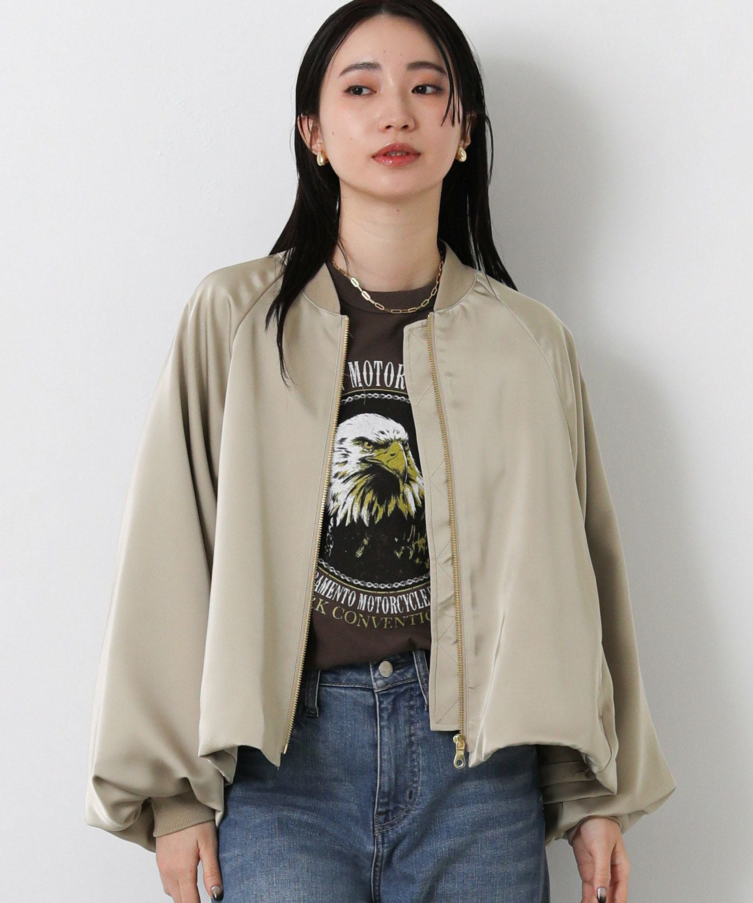 Heve アイボリー サテン バルーンスリーブ ジャケット バルーンサテンボンバージャケット - ブラウン | ZARA Japan / 日本