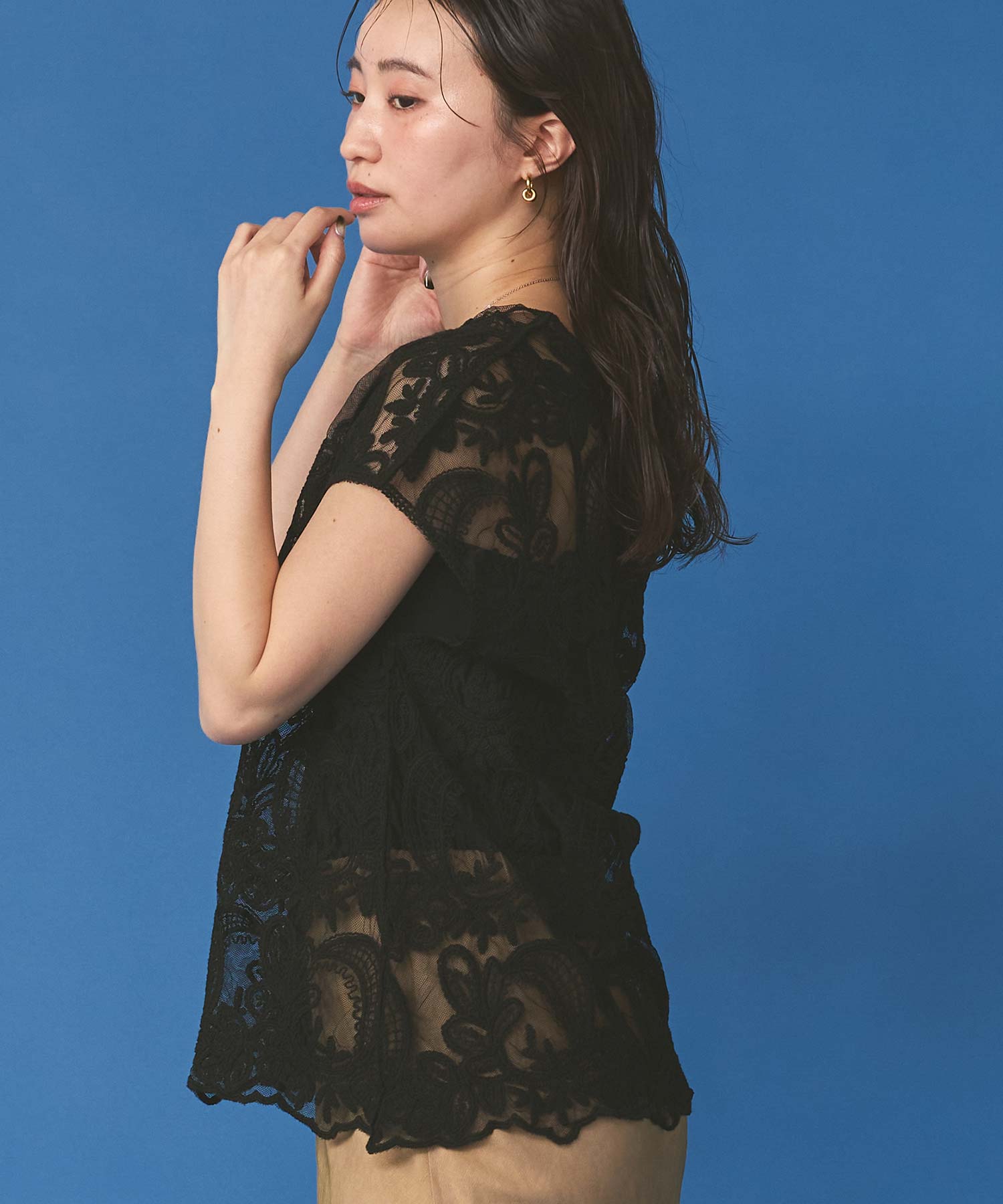 美品 ボールジー 1.8万円 刺繍 フレンチスリーブ ブラウス 白 洗える M Gready Brilliantチュール刺繍2wayフレンチスリーブブラウス