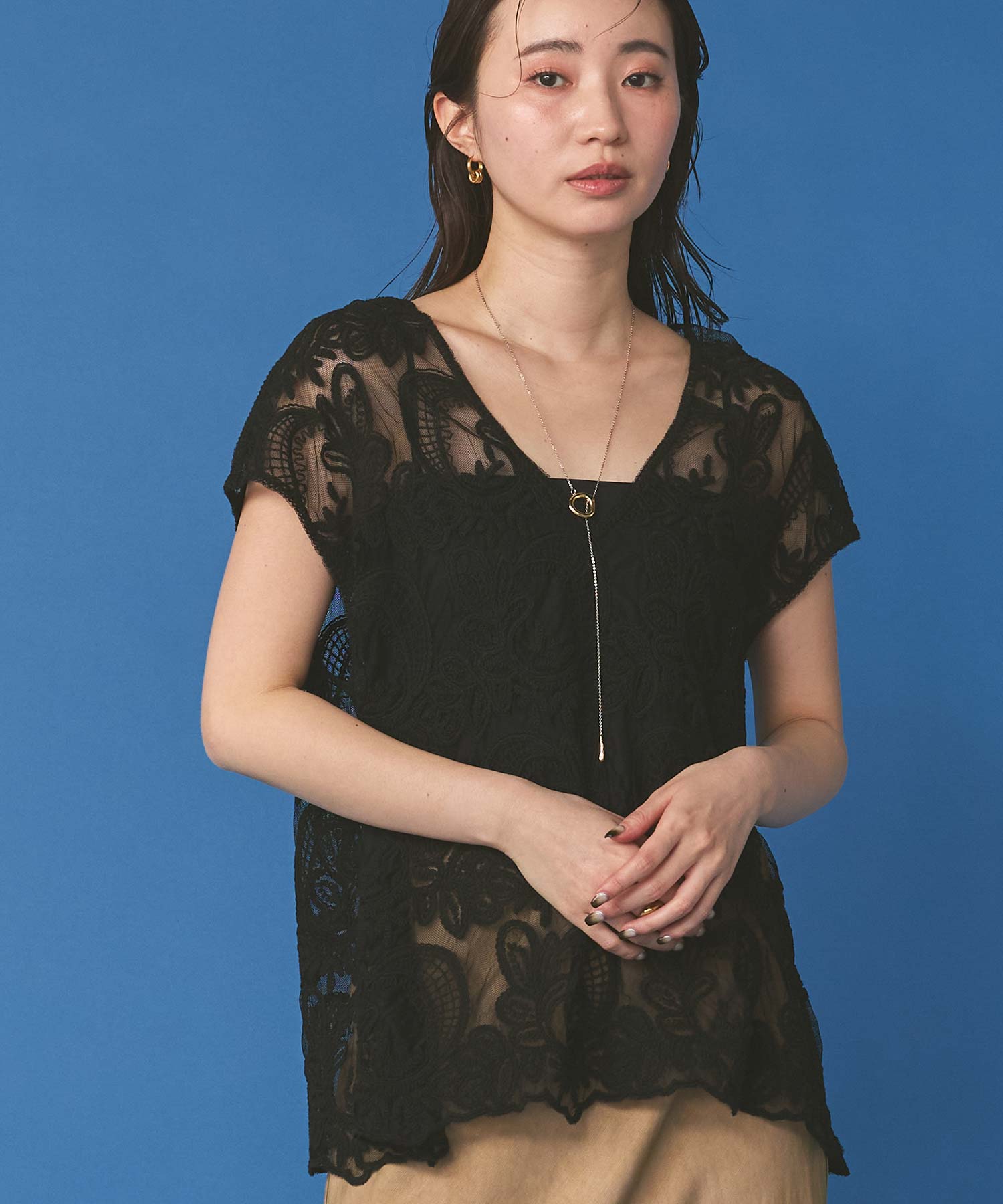 Gready Brilliantチュール刺繍2wayフレンチスリーブブラウス