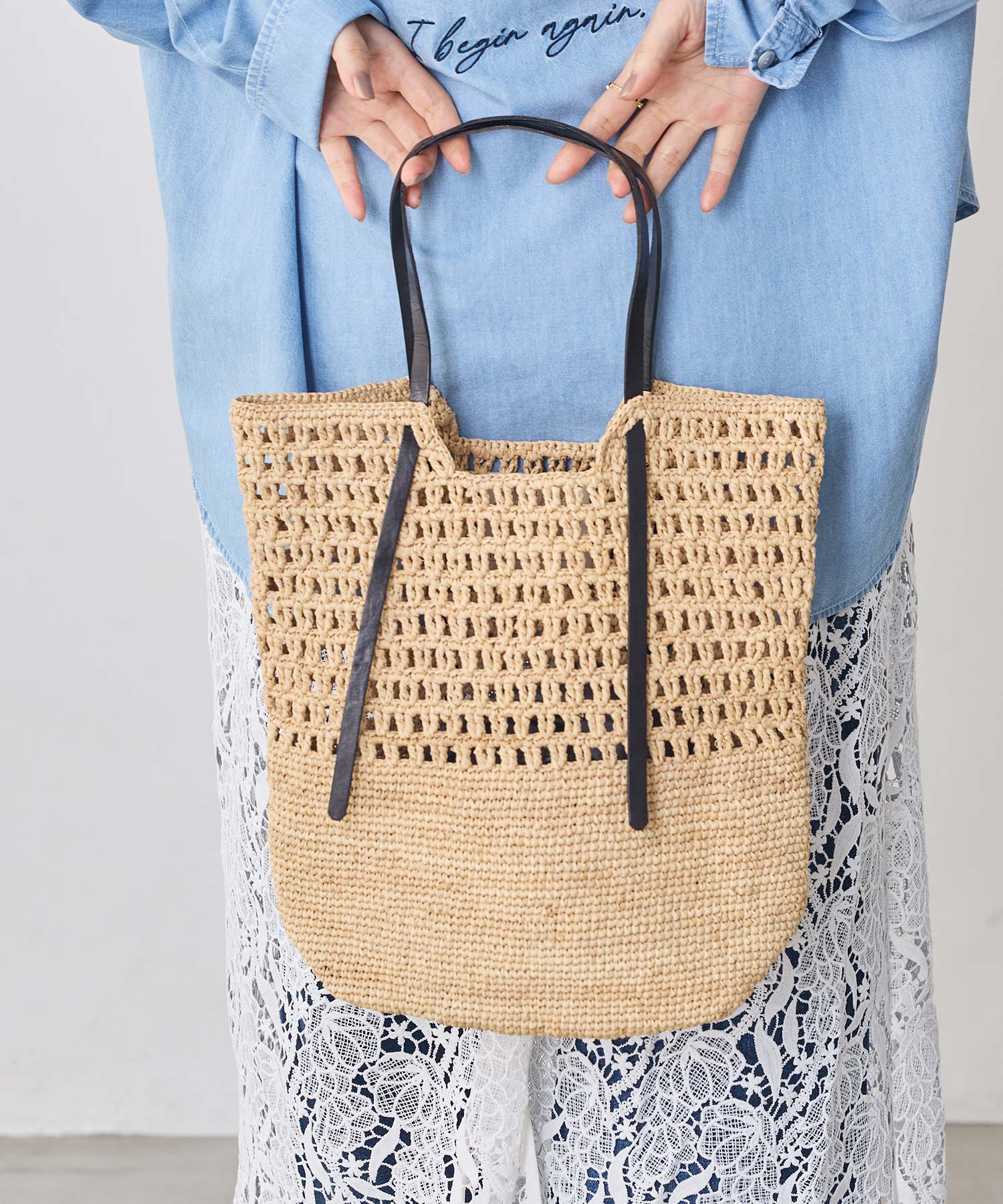 ラフィアレザーハンドルバッグ