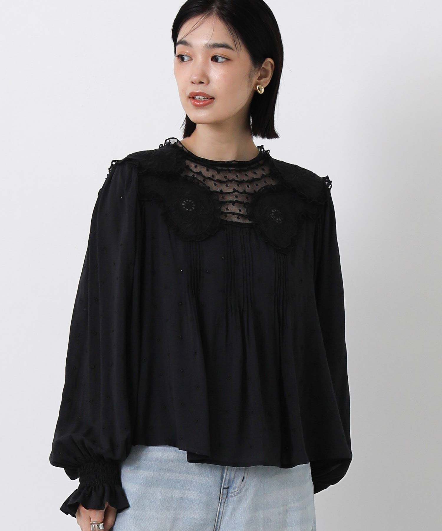 かおり　黒38 Gready Brilliantドット刺繍キャンディスリーブブラウス | SEKIMIKI Online