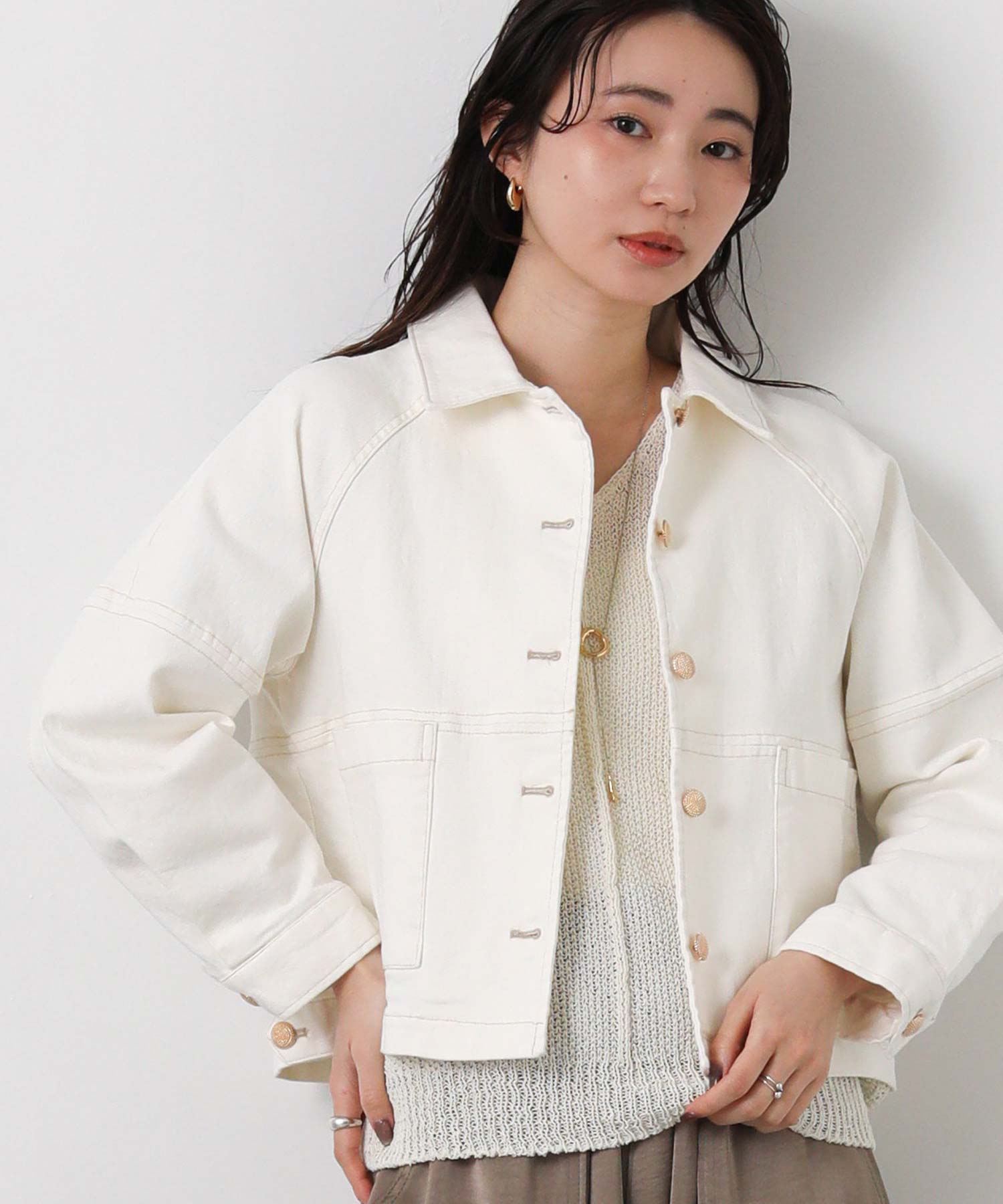 margaux 25SS 金ボタン 衿付ストレッチデニムジャケット 白 Gready Brilliant衿付ストレッチデニムジャケット | SEKIMIKI Online