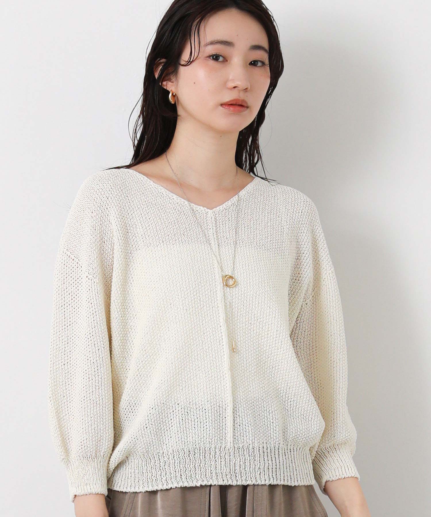 Gready Brilliantペーパーヤーンホールガーメント7分袖ニット