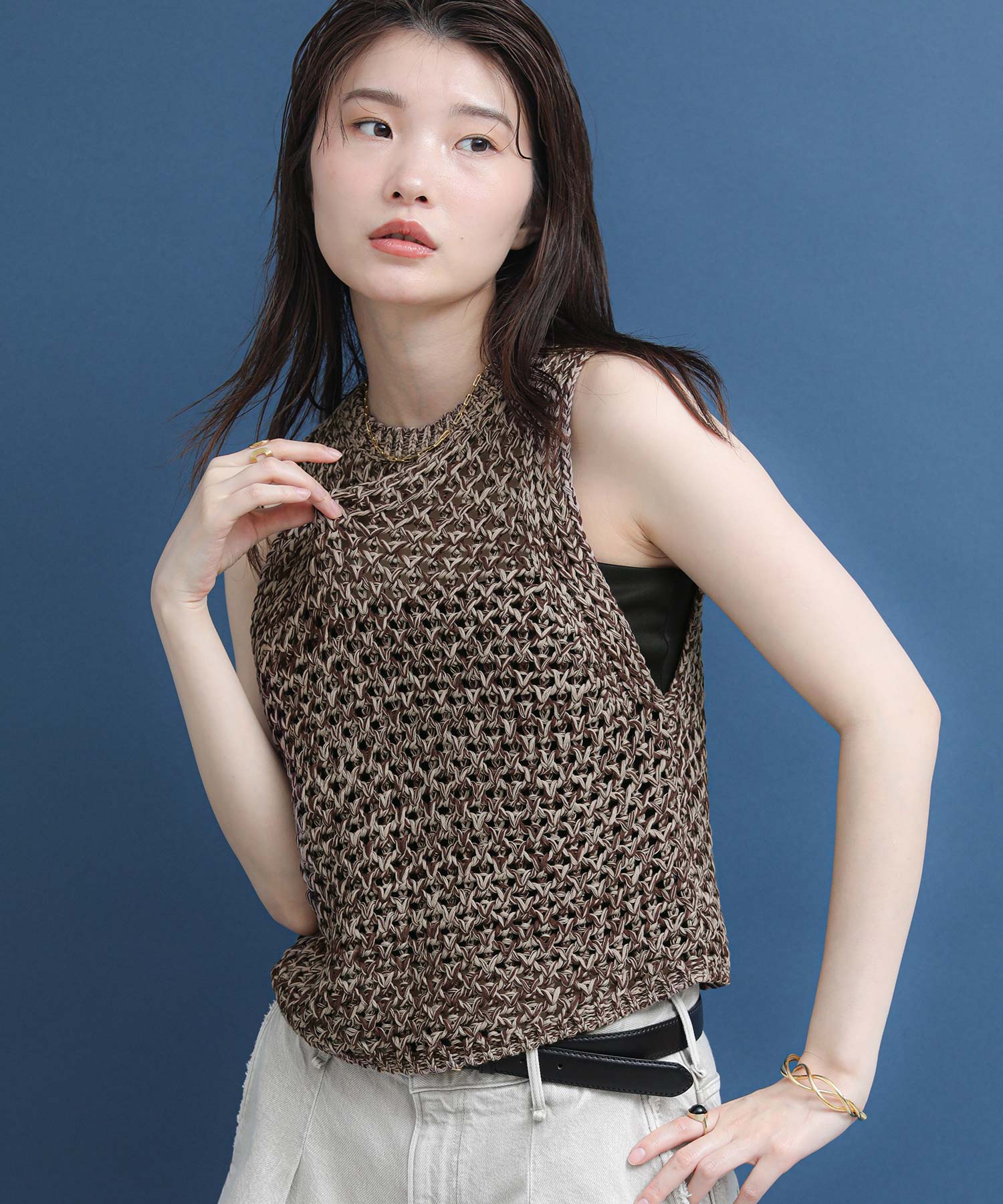 【mmm】stylemixer メッシュパイピングベスト ベージュ The rejoiceミックスメッシュベスト | SEKIMIKI Online