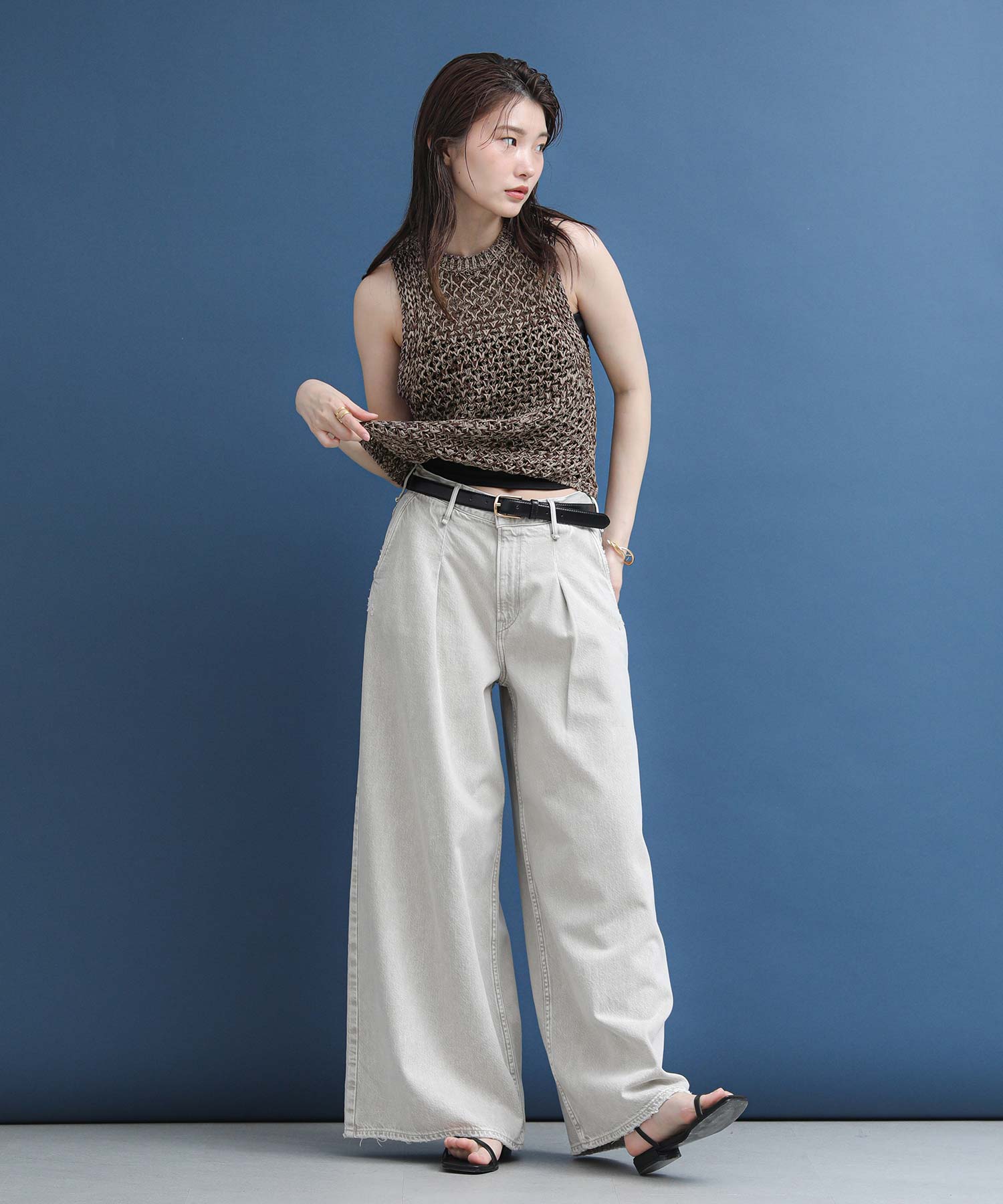 【mmm】stylemixer メッシュパイピングベスト ベージュ メッシュミックスニットベスト | 小柄・低身長女性向けファッション