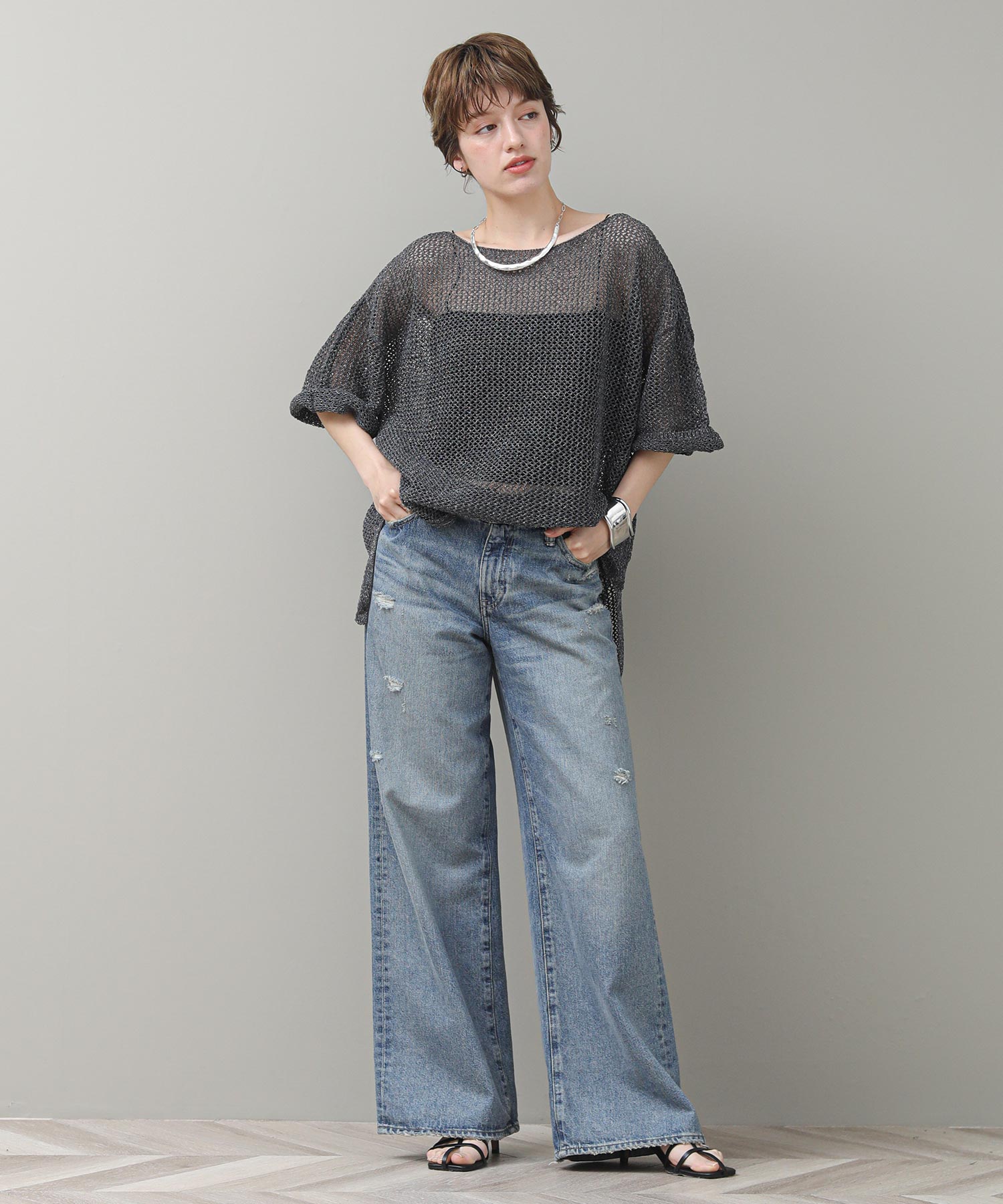 新品 The rejoice ラメ混メッシュTニット チャコール サマーニット The rejoiceラメ混メッシュTニット | SEKIMIKI Online