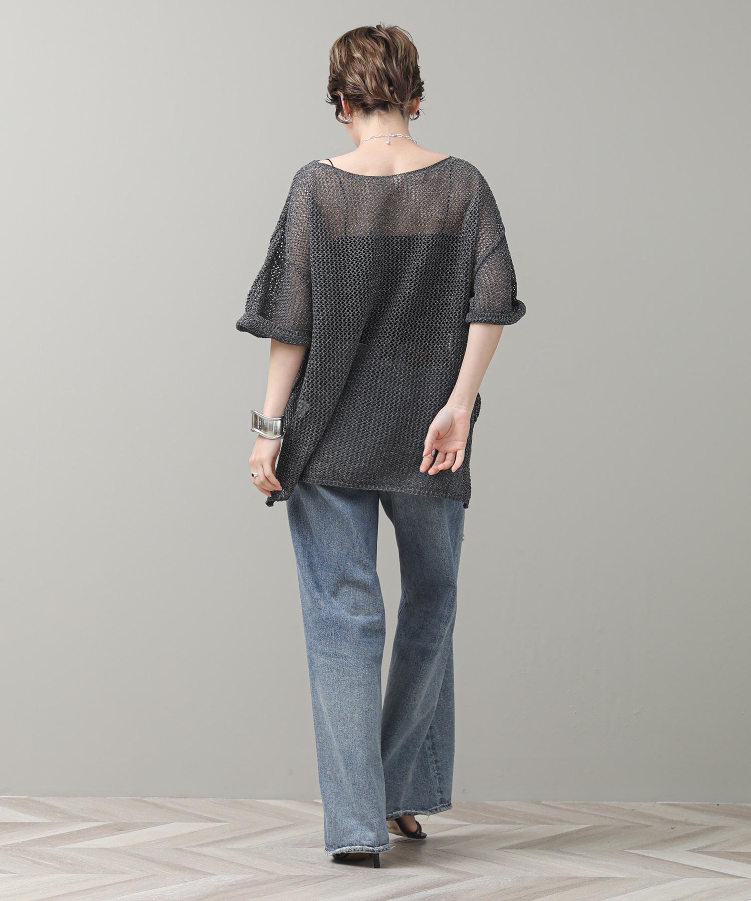 新品 The rejoice ラメ混メッシュTニット チャコール サマーニット The rejoiceラメ混メッシュTニット | SEKIMIKI Online
