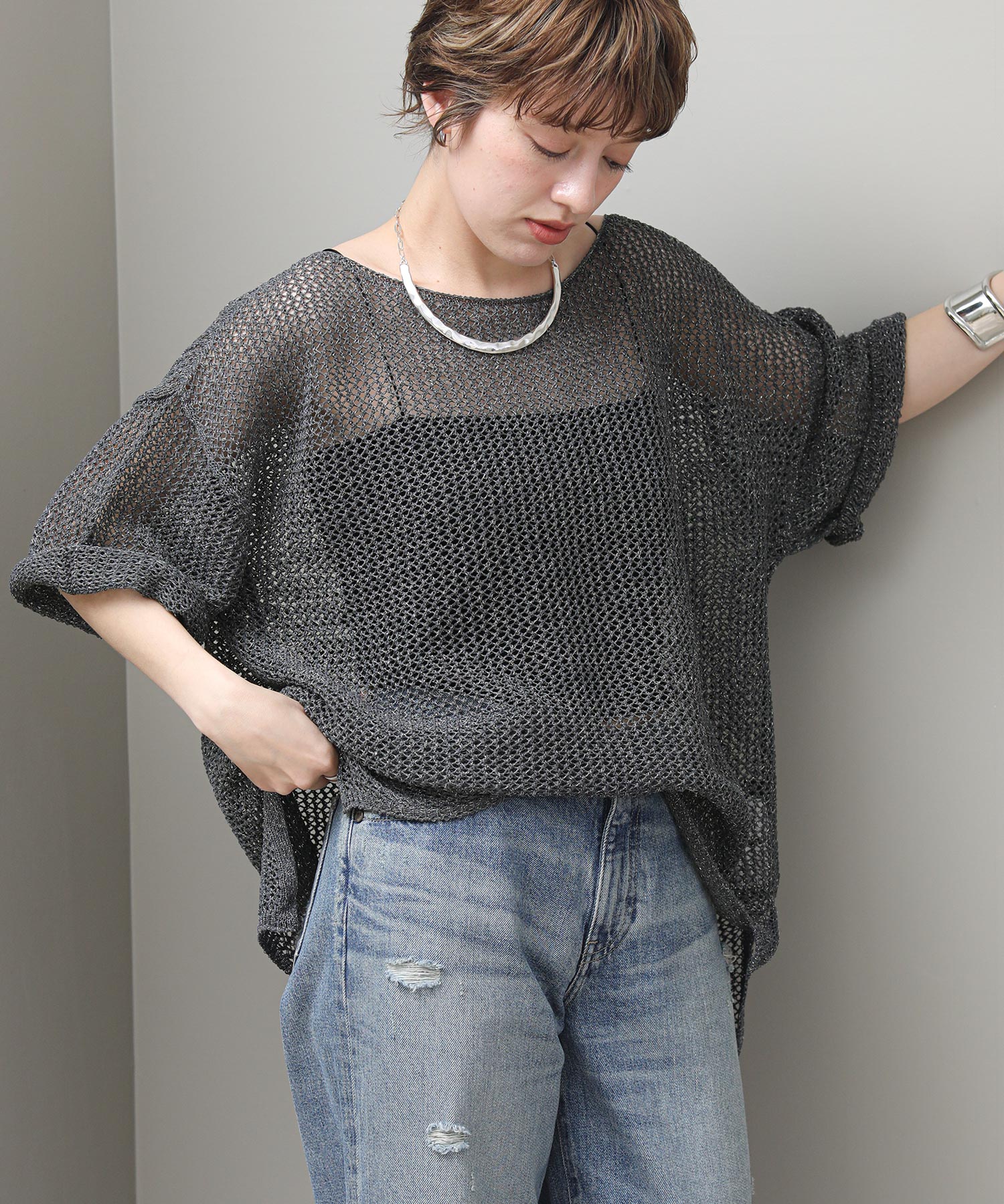新品 The rejoice ラメ混メッシュTニット チャコール サマーニット The rejoiceラメ混メッシュTニット | SEKIMIKI Online