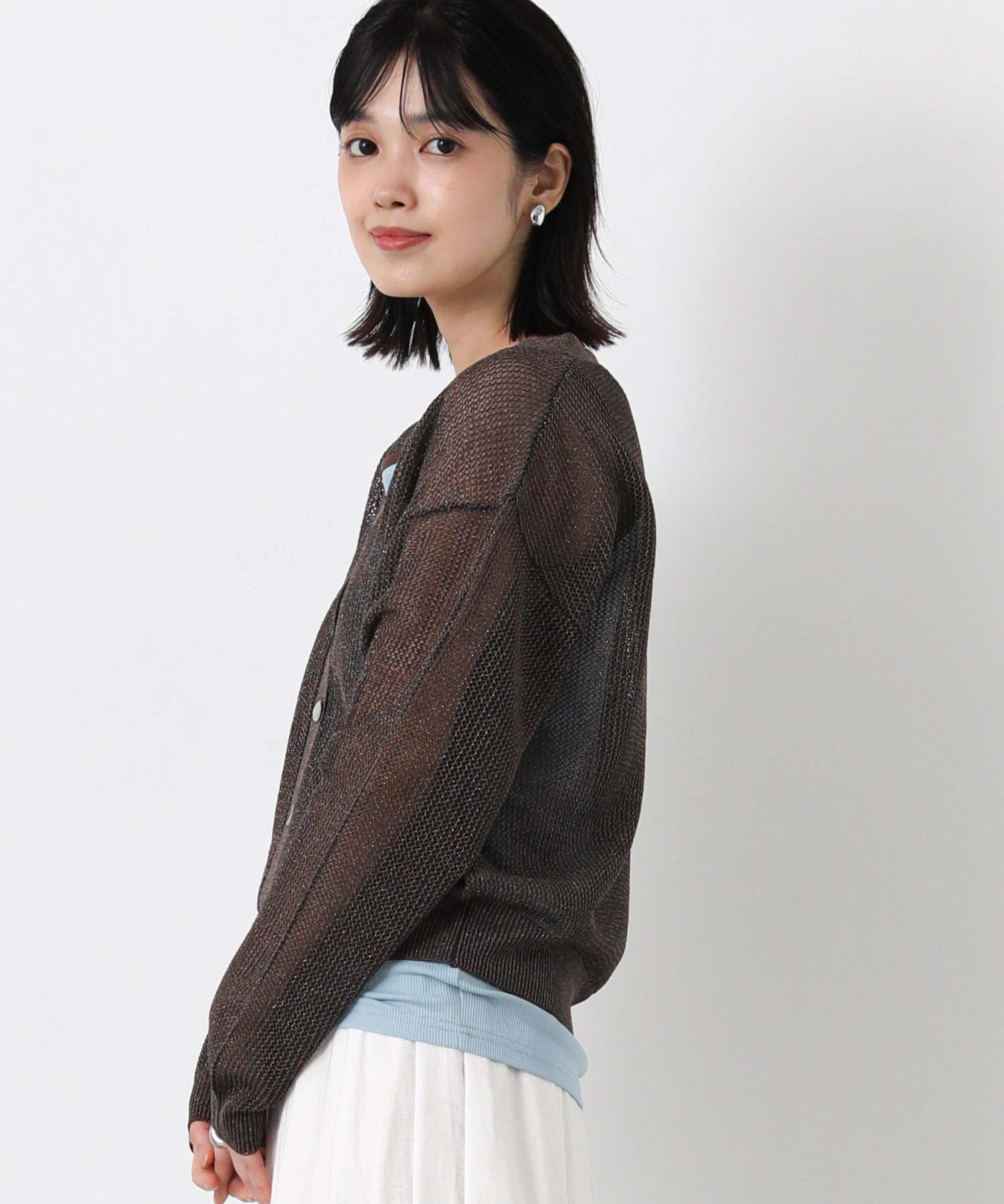 【完売品】グレー ニットカーディガン メッシュポケット付き Gready Brilliantラメ混メッシュVネックニットカーディガン | SEKIMIKI