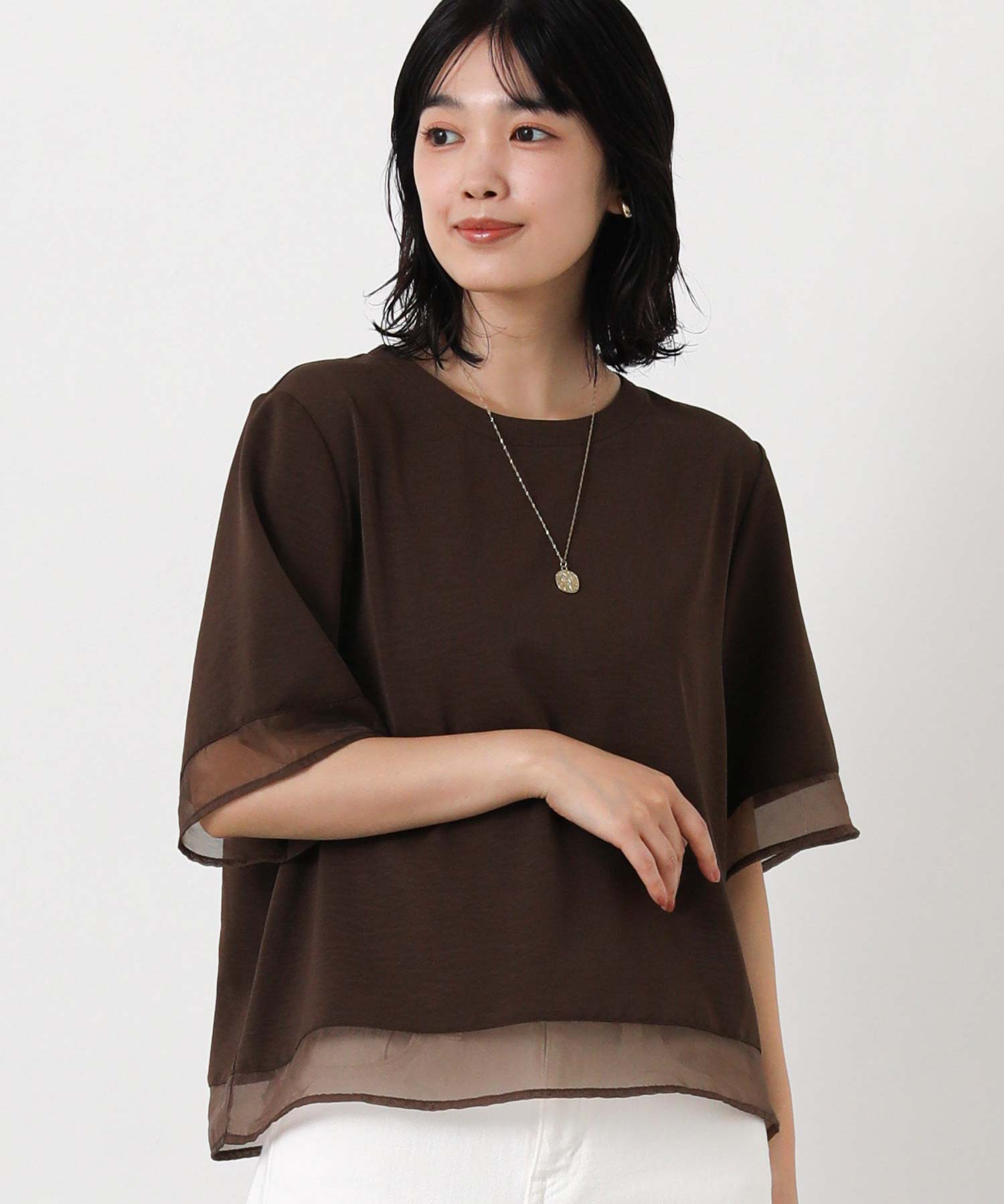 ITEM NO.03 Gready Brilliant シアー切替5分袖ブラウス ブラウン
